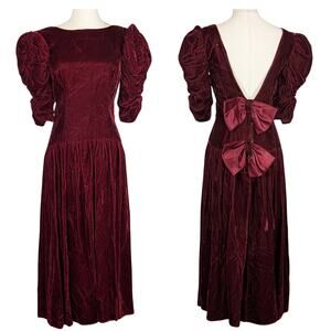 80s Vintage Burgundy Velvet Puff Sleeve Dress Victorian Bow Detail Dark Romantic